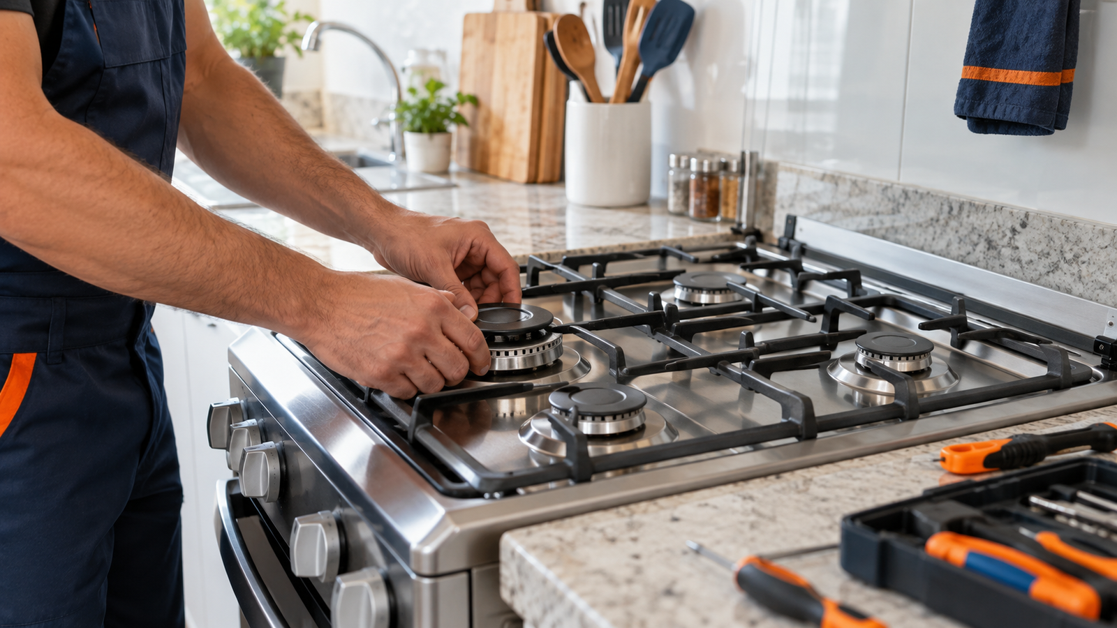 Técnico realizando manutenção cuidadosa em fogão a gás em Curitiba